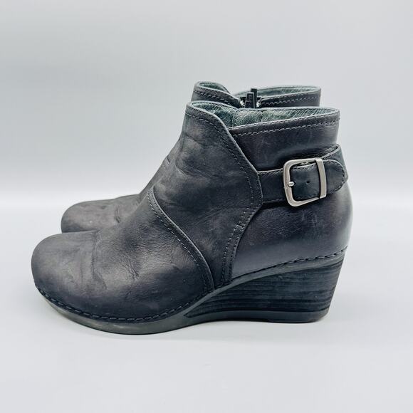 Dansko Shoes Womens 7.5 Black Leather Booties Shirley Wedge Ankle Buckle Zip - Picture 4 of 12